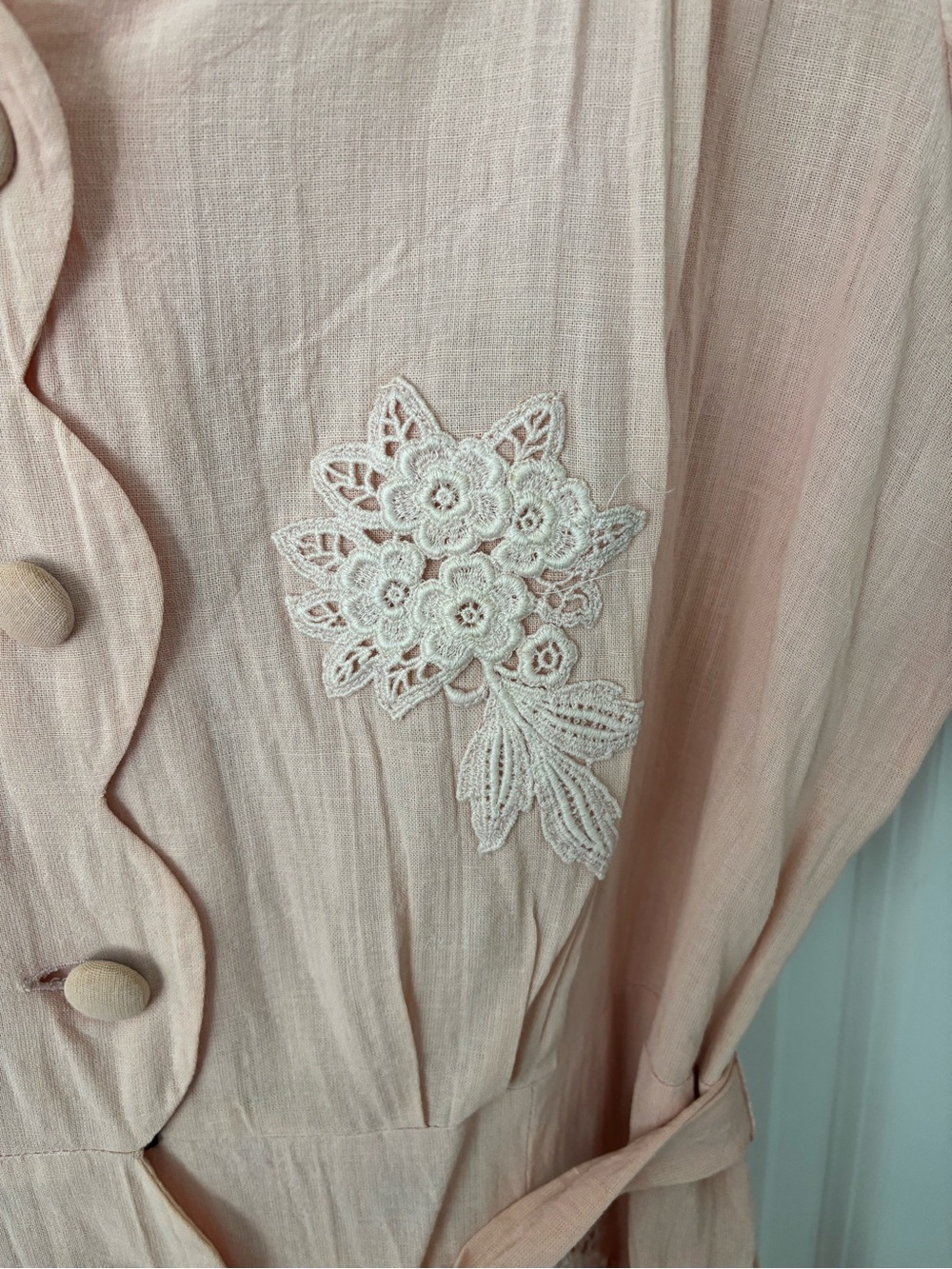 Vintage 80s pale pink Martha Manning linen midi dress scallop floral embroidery - Picture 3 of 9